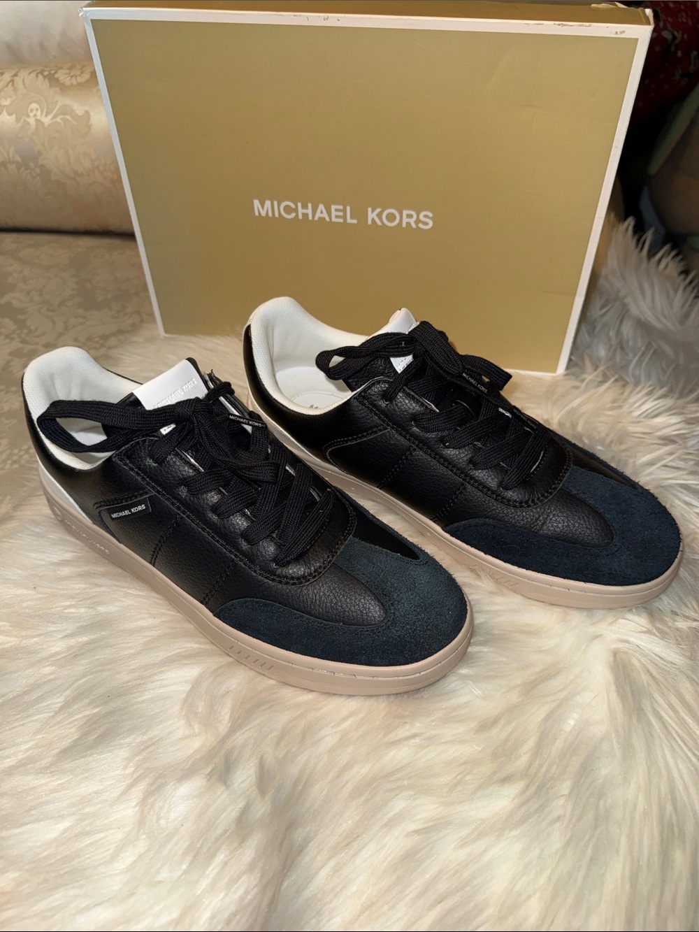 Michael Kors Black Leather & Suede Sneakers with Tan Sole Size 10